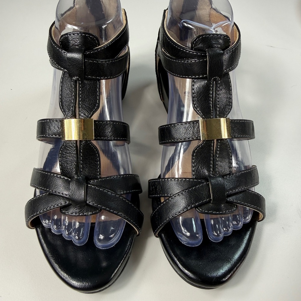 Sofft Womens Strappy Wedge Sandals Black Leather Comfort Gold Accent Size 7W - Picture 3 of 11